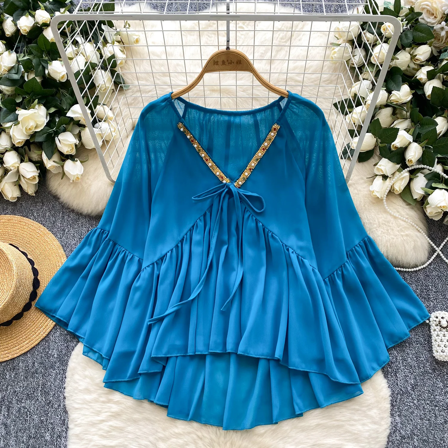 

Heavy V-neck Diamond-studded Trumpet Sleeve Chiffon Shirt For Women 2025 Autumn Loose Beach Vacation Chic Shirt