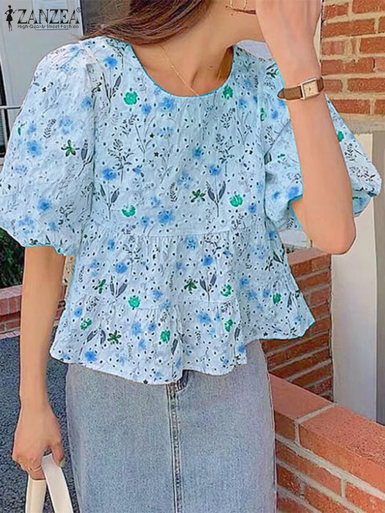 

Summer Printed Blouse 2025 ZANZEA Women Bohemain Holiday Shirts Stylish Work Tops Elegant O Neck Short Puff Sleeve Blusas Tunic