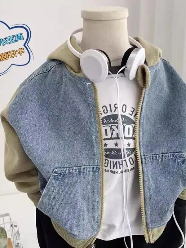 

Spring Autumn Men's Casual Spor Denim Jaet for Big Kids Comfortable Polyester Fiber Pure Color V-Ne Zipper Closure