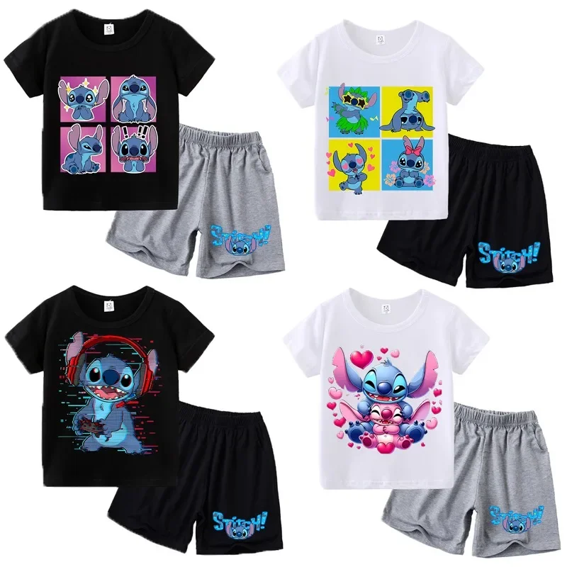 Lilo & Stitch Children's Short-sleeved Suit DisneyT-shirt Set Cartoon Character Print Boy Girl Clothes Sweat-wicking Breathable