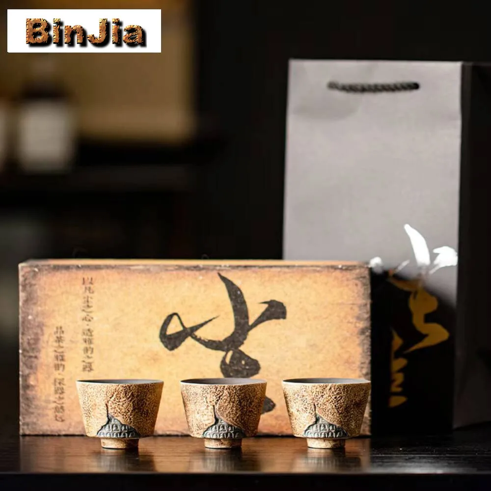 

3 шт./компл. Ретро старый рок-грязевая чайная чашка ручной работы Тысяча Buddhas Master Cup Грубая керамика Набор чашек Персональная пара чая Кунг-фу Чайный набор
