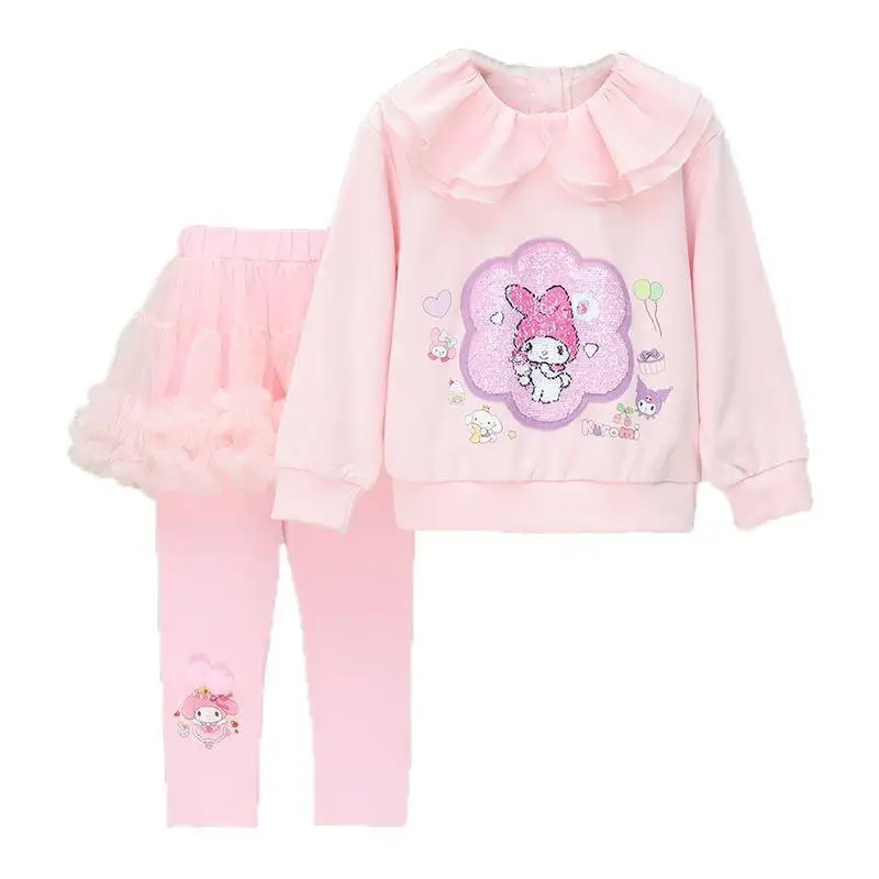 

Комплект Sanrio Melody для девочек: худи, сетчатая юбка и брюки. Повседневный спортивный костюм с изменяемым узором и пайетками. Новинка весна-осень.