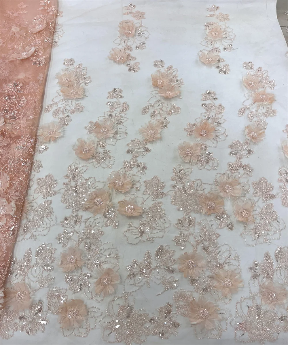 5 yd 3D Feather Bead Lace fabric, High quality, Mesh embroidery, Nigerian Lace Fabric, Dress 2024