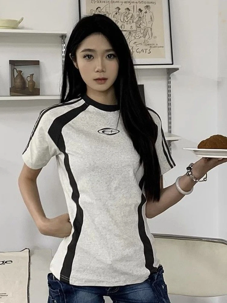 

HOUZHOU Y2k Aesthetic Patchwork T Shirts Women Korean Style Vintage Streetwear Striped Print Slim Tees Tops E-girl Summer 2024