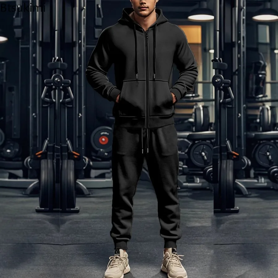 2025 New Men's Hoodies Sets Thicken Fleece Warm Long Sleeve Zipper Sweatshirts Pants 2 Piece Sets Autumn Winter Tracksuits Male