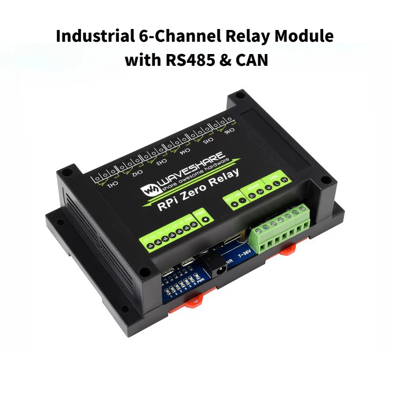 Industrial 6‑Channel Relay Module with RS485 & CAN, Expansion Board for Raspberry Pi Zero WH, with Isolation Protection