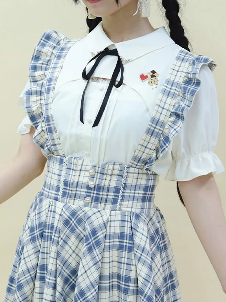 

Cute Retro Ribbon Knot ort Sve Embroidered irt Axes Femme Japanese Sle Polka Dot Print Loose Fit irt