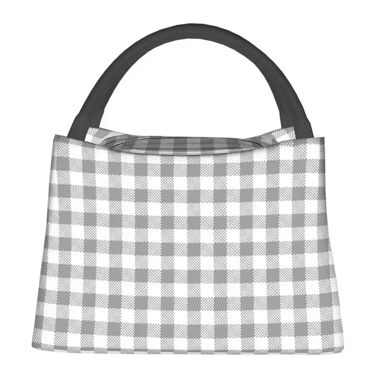 Sac à Déjeuner Isotherme Gris et Blanc à Carreaux Géométriques, Conteneur Réutilisable pour le Camping, Boîte à Nourriture