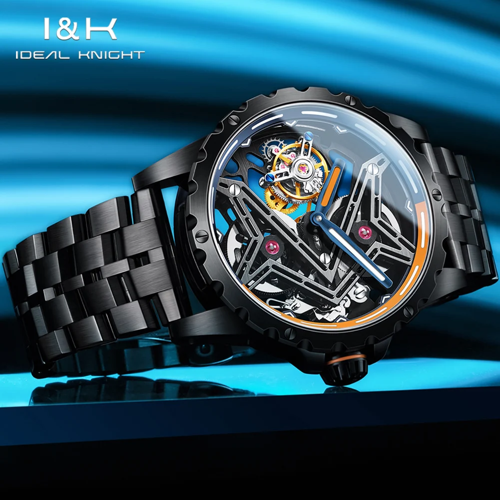IDEAL KNIGHT 6802 Tourbillon Men's Watch Skeleton Dual Color Luminous Dial High quality Black Steel Watch Man TOP Brand