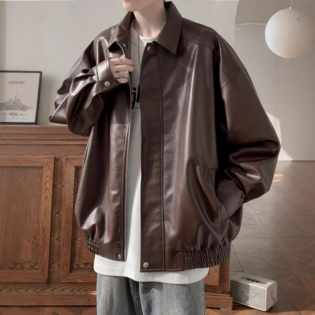 

Американские винтажные новые модные мужские однотонные пальто из искусственной кожи с отложным воротником на молнии, мужские свободные куртки из искусственной кожи, одежда, топы