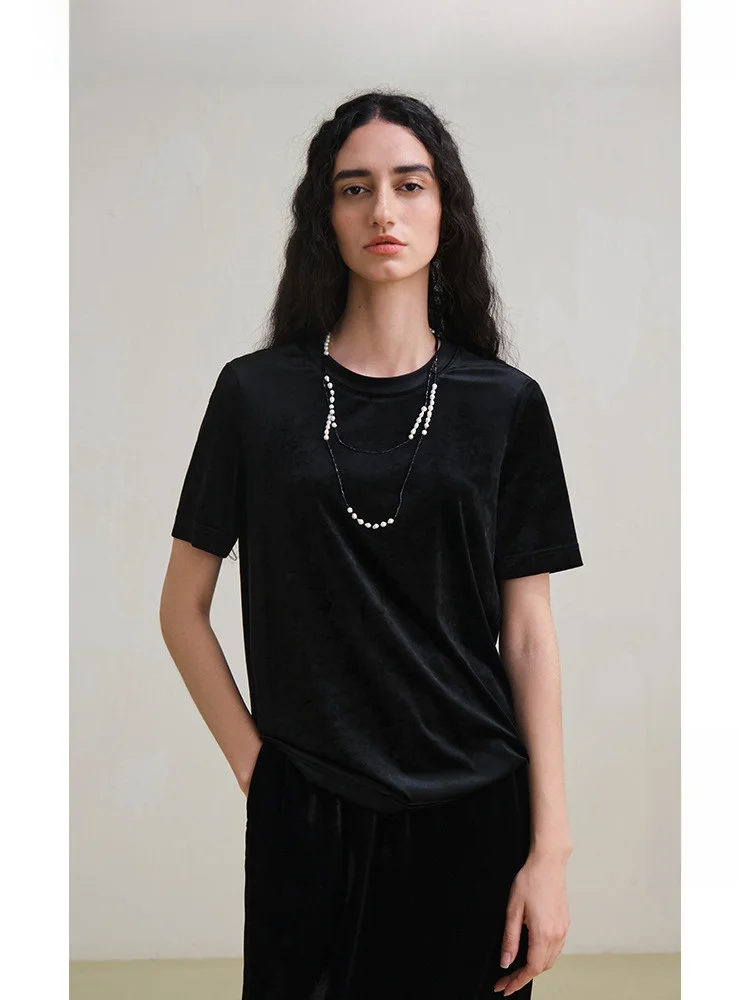 

Travel Original Velvet T-irt Women's Folded Ice Flower Heavyweight Triacetate Velvet Top Bla Spring Comfortable Breathable