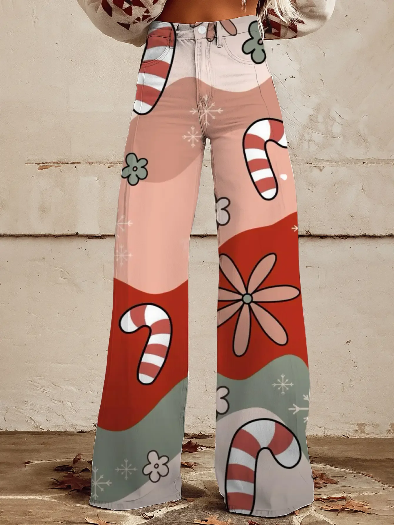 Women's imitation jeans with printed high waisted flared pants, retro fashion, high and slim, Exquisite button craftsmanship