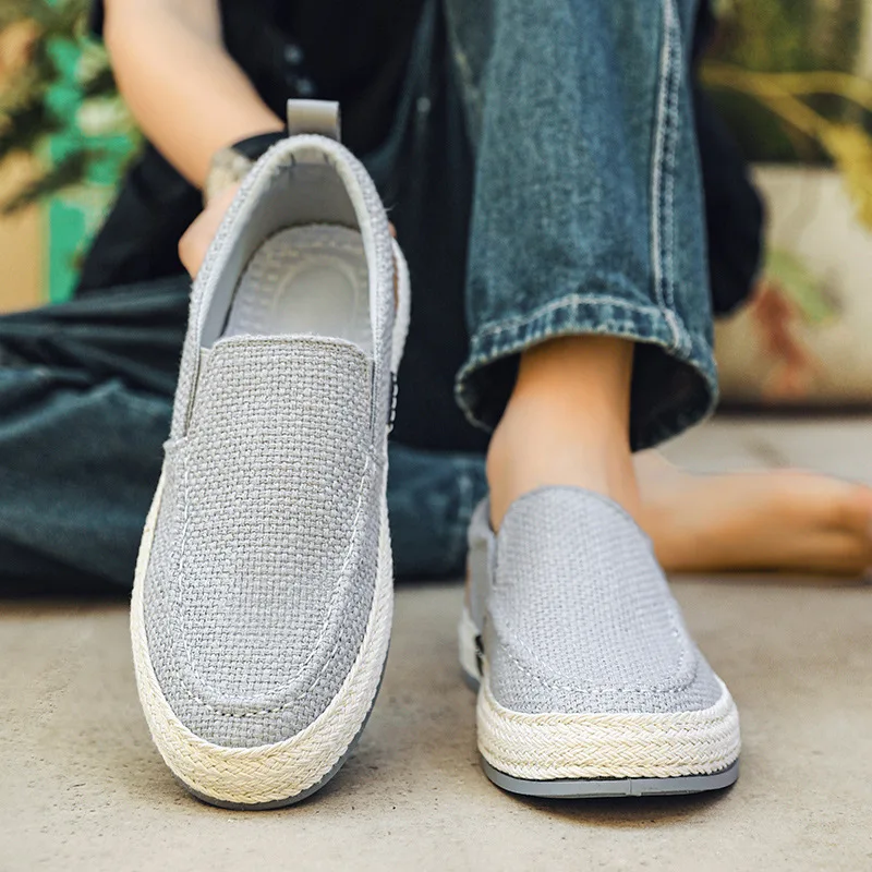 Grass Woven Fisherman's Shoes Hooded Loafers Linen Breathable Summer Retro Casual Men's Shoes