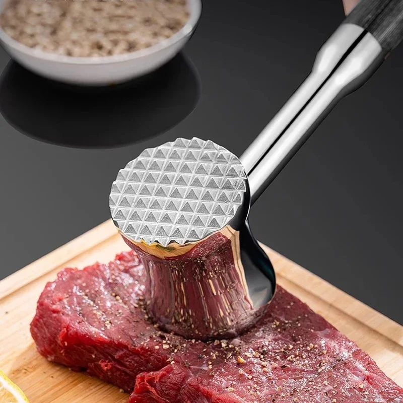 Heavy-duty 304 Stainless Steel Meat Tenderizer, Dual-side Meat Mallet Hammer Pounder with Wooden Handle - Kitchen Tools
