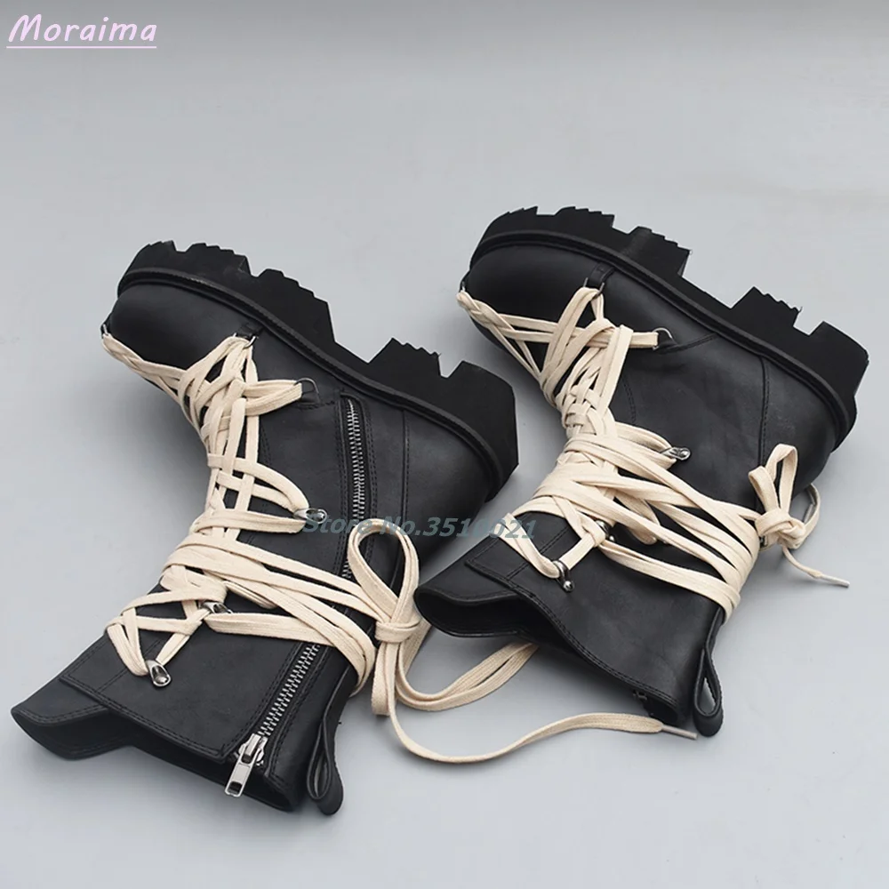 Lace-Up Round Toe Cool Boots Mid-Calf Leather Cross Strap Side Zipper Black Zipper British Style Casual Women Shoes Fashion New