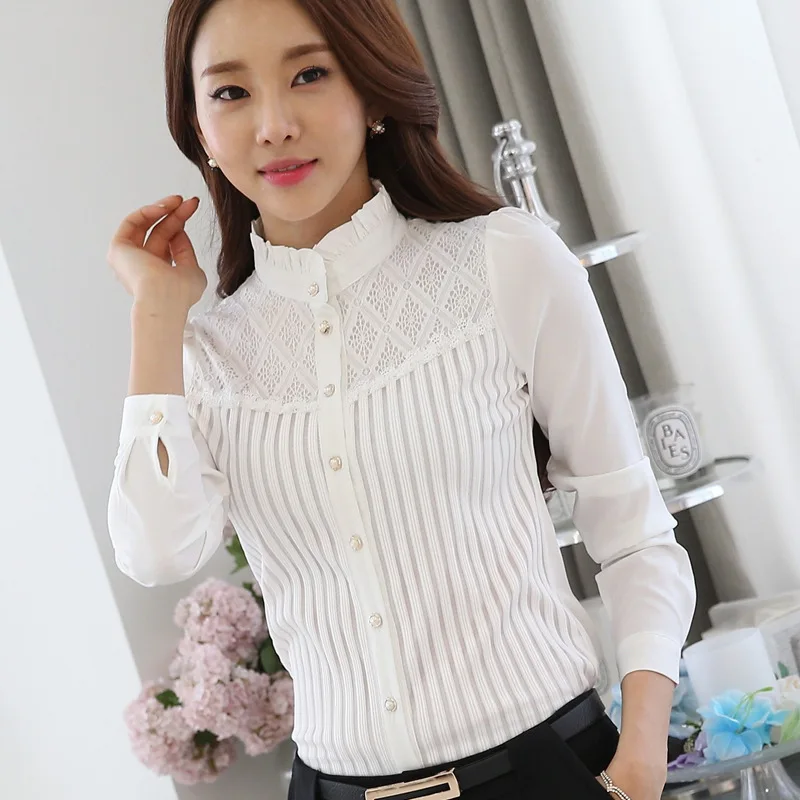 Formal White Blouses Spring Fall Korean Mock Neck Button Up Long Sleeve Lace Striped Patchwork Elegant Office Chiffon Shirts Top