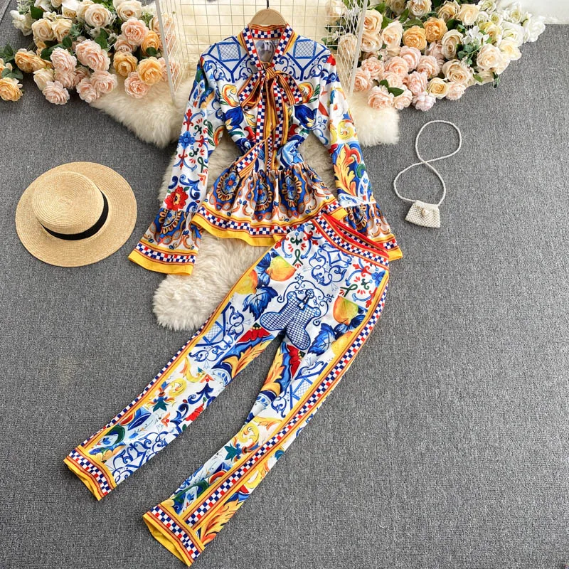 Ensemble Femme 2 pièces 2022 Autumn Women Long Sleeve Print Collar Shirts +ninth pencil pants 2 Pieces Set