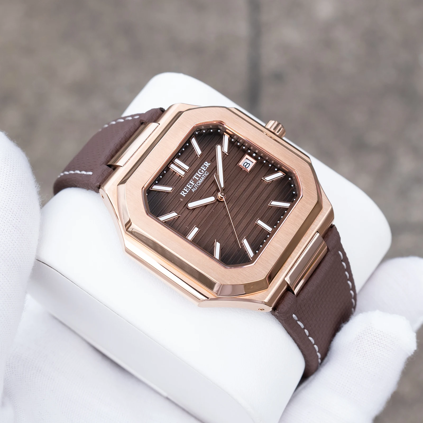 Reef Tiger RT Luxury Rose Gold Square Brown Dial Automatic Watch with Date Super Luminous Leather Strap Men's Watches RGA2015