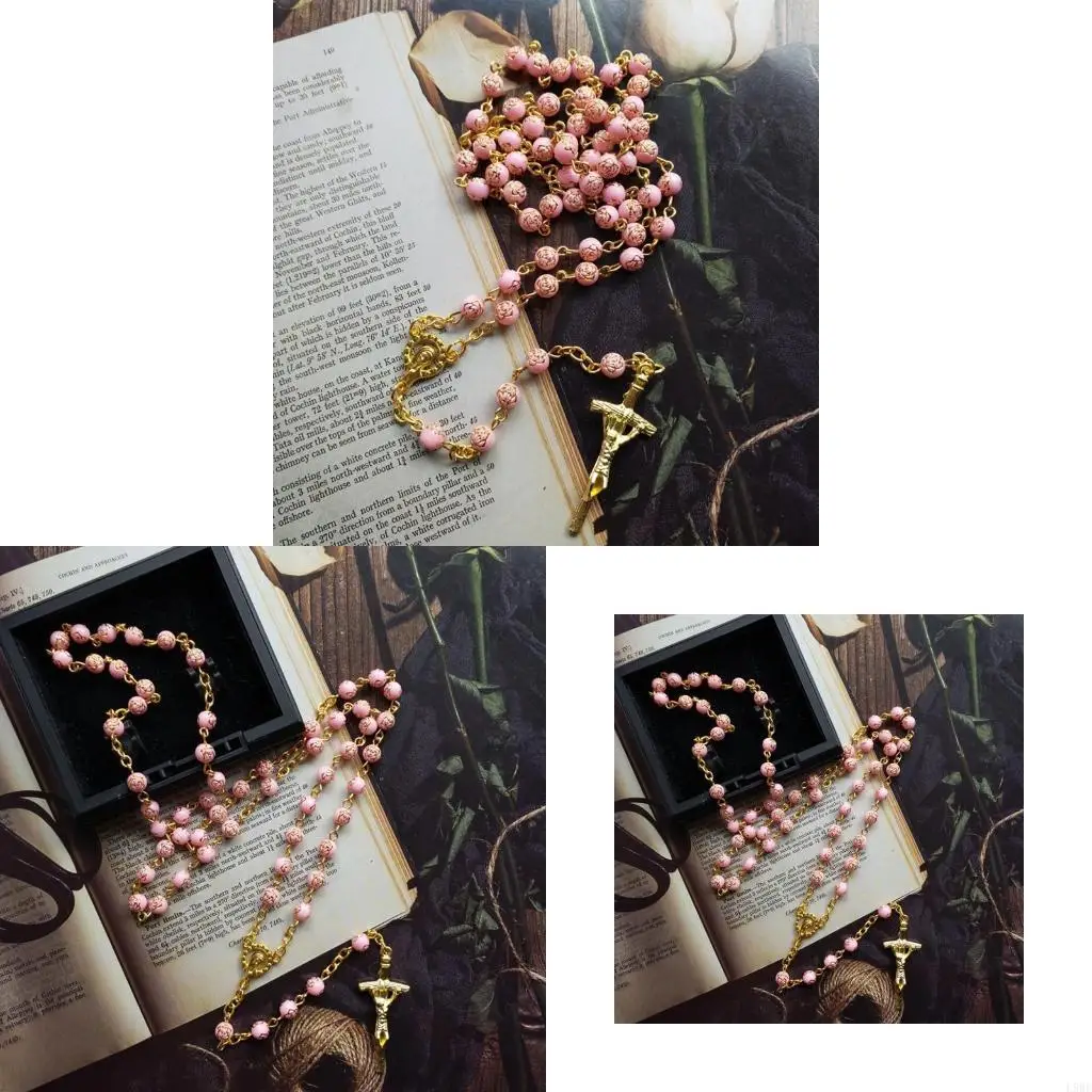 L9BE 6mm Rose Beads Rosary Necklace with Jesus Crucifix for Cross Pendant Necklaces Catholic Prayer Gifts for Men Women