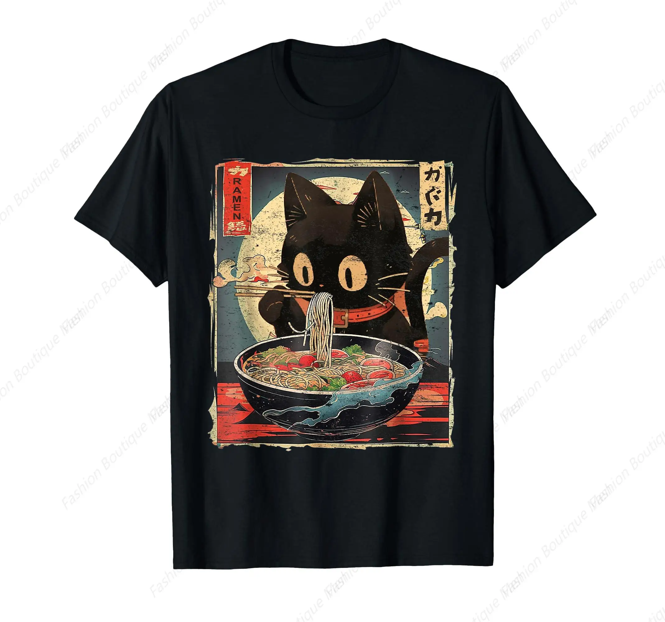 

Hot-Selling Kawaii Cat Eating Ramen Noodles Vintage Japanese Manga Cat T-Shirt Unisex Cotton Top