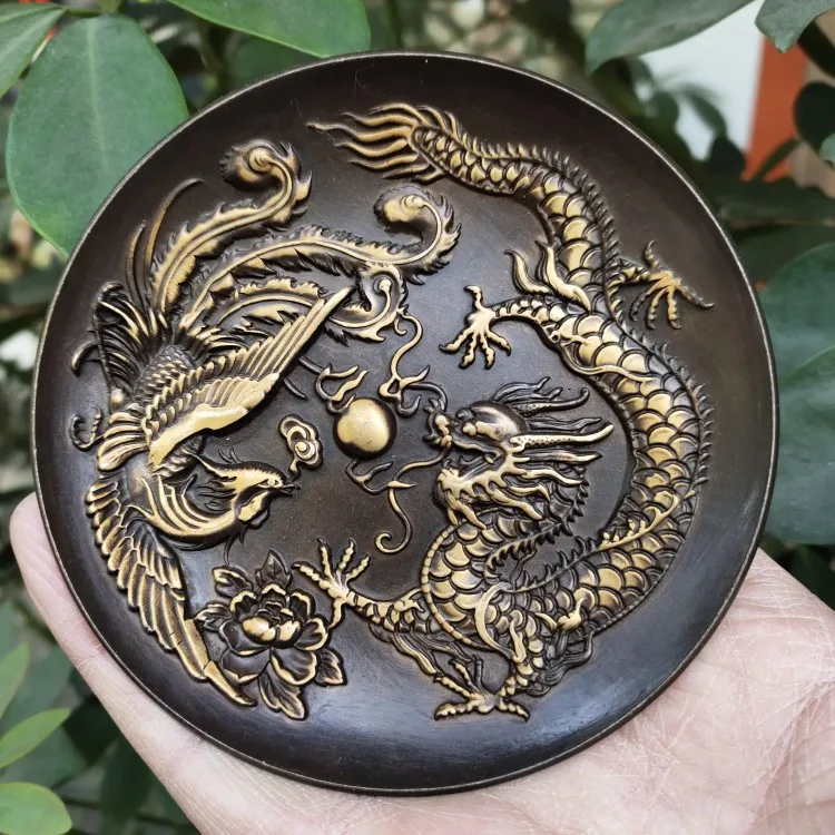 

Antique Bronze Dragon and Phoenix Relief Plate, Brass Gilt, Chengxiang Relief Plate, Home Tea cere Collection