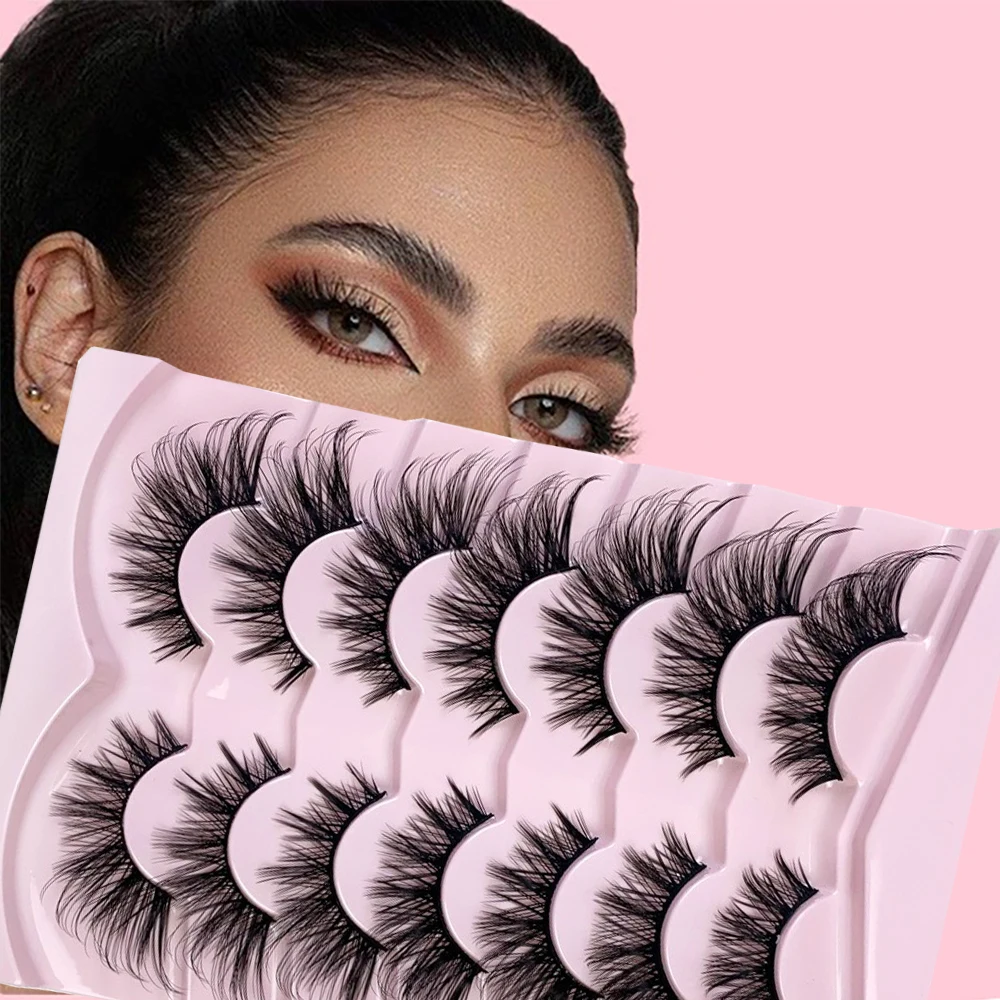 7 pairs of Fox Eye style black stem false eyelashes, fluffy and curled, reusable, with extended outer corners for daily makeup