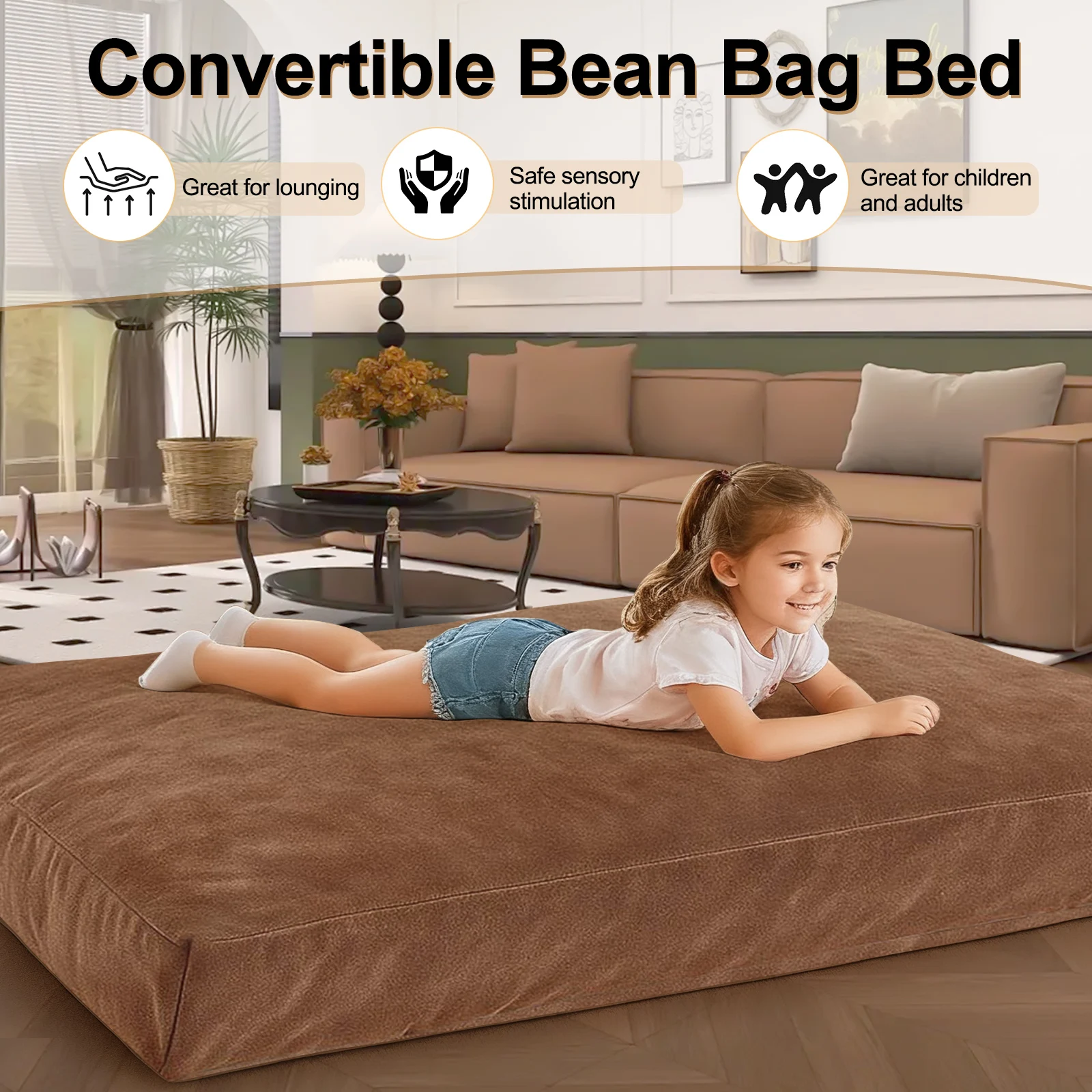 大人サイズの巨大なビーンバッグソファベッド、ビーンバッグチェア、柔らかいフランネル生地、学生用レジャーチェア、ブラウン