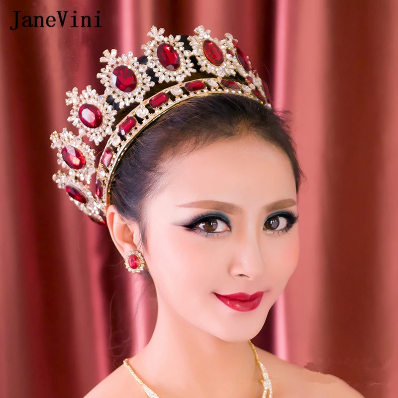 JaneVini Luxurious Red Rhinestone Big Bridal Tiaras Crowns Round Vintage Baroque Crystal Pageant Diadem Wedding Hair Accessories