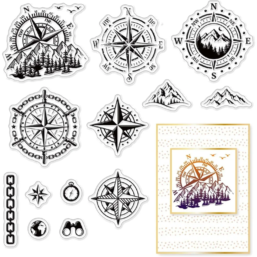 Compass Clear Stamps Compass Mountain Outdoor Scenery Transparent Silicone Stamp Rubber Stamp for Scrapbooking Birthday