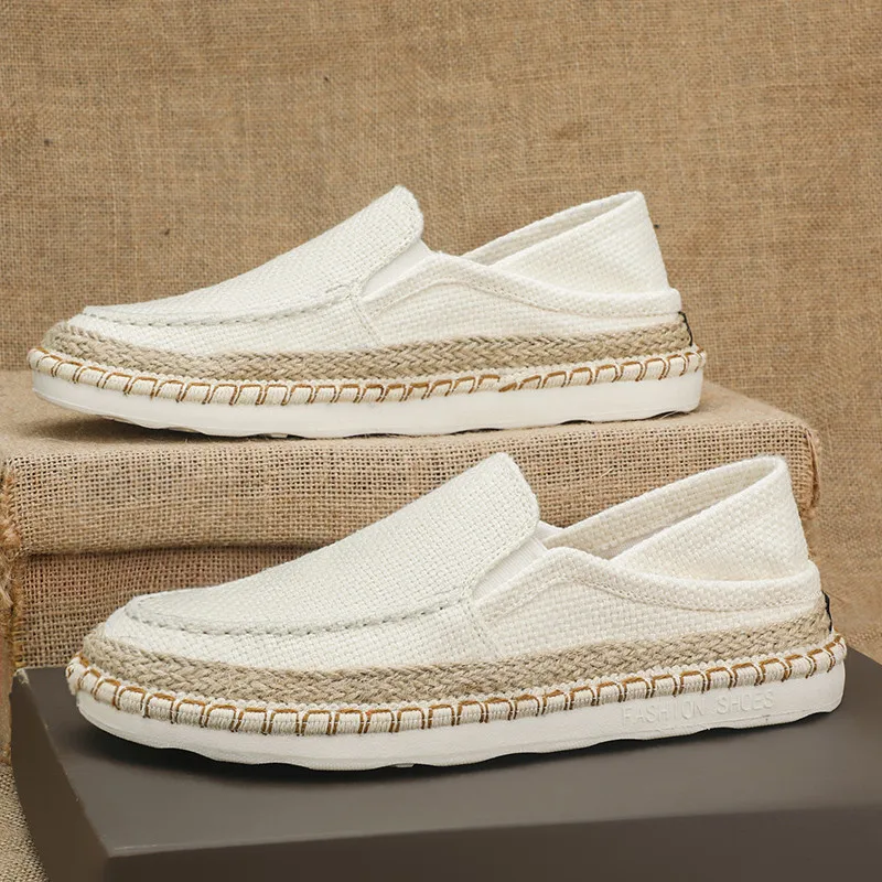 Straw Weaving Casual Shoes Men Fashion White Flat Man Half Shoes Breathable Barefoot Slip-on Men's Summer Loafers zapatos hombre