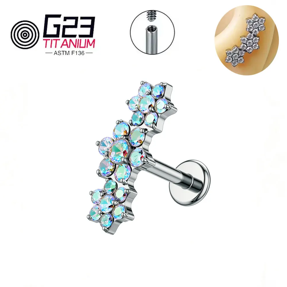 ASTM F136 Titan Dreifach-CZ-Blumencluster Labret mit Innengewinde für Tragus, Monroe, Knorpel – Detail 4