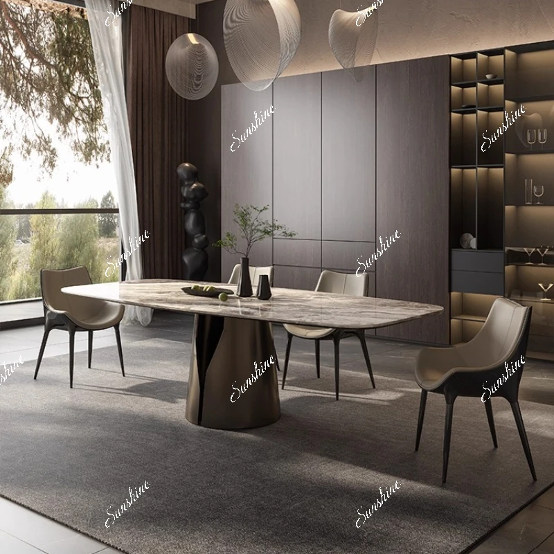 

Marble light luxury minimalist design living room stainless steel high-end home dining table and chair combination