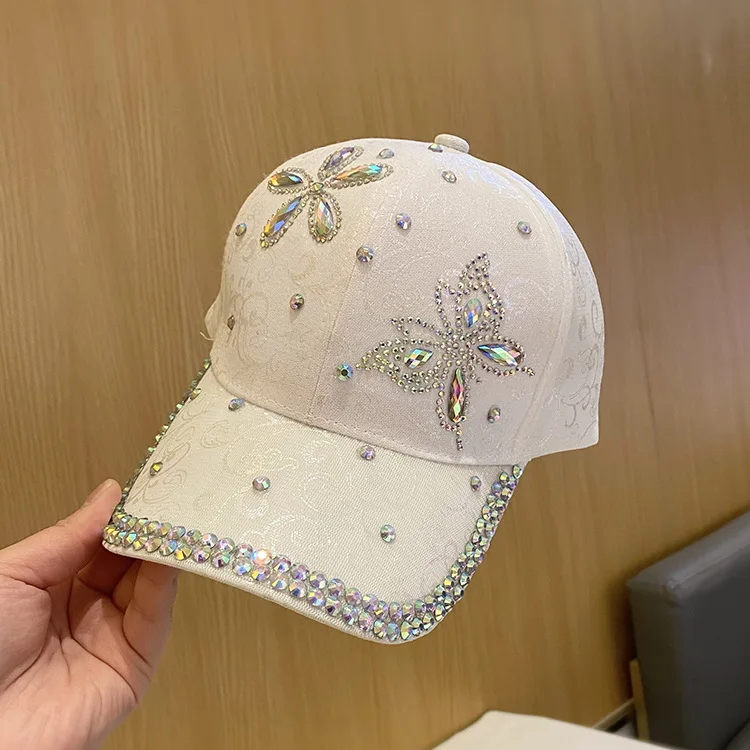 Women\'s Fashion Handmade Rhinestone Baseball Cap with Sun Hat Travel Breathable Sun Hat Outdoor Sun Rebound Cap