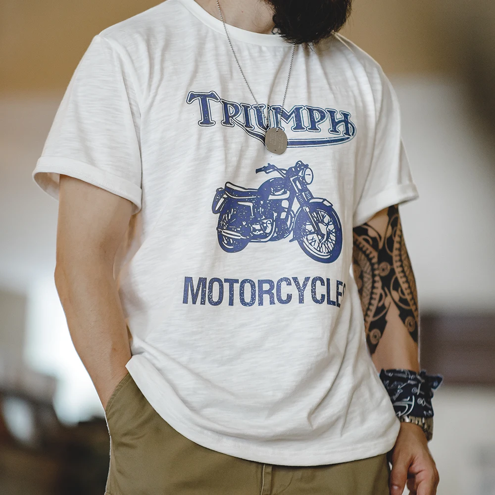 

Maden 2024 Retro Motorcycle Graffiti Print Short Sleeve Thin Round Neck Small Market T-shirt 2023 Men's Summer Graphic Tees