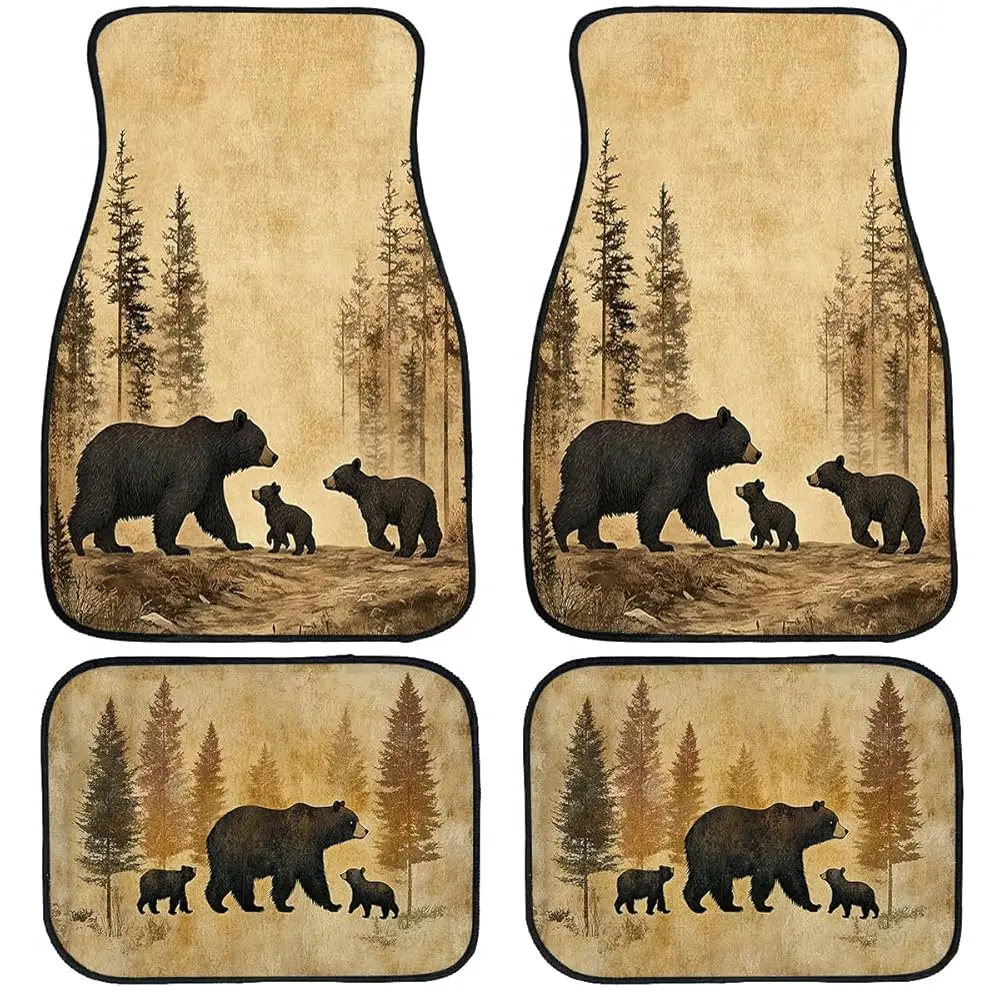 

Black Bears Car Floor Mats Set of 4 Old Fashioned Fabric Pine Forest Carpet Front Rear Carpets Mat Non-Slip Auto Car Accessor