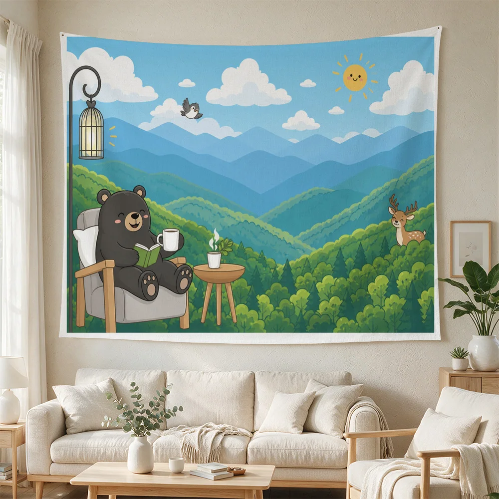 Cute Cartoon Bear Reading in Forest Landscape Nursery Wall Hanging Boho Kids Room Decor Tapestry
