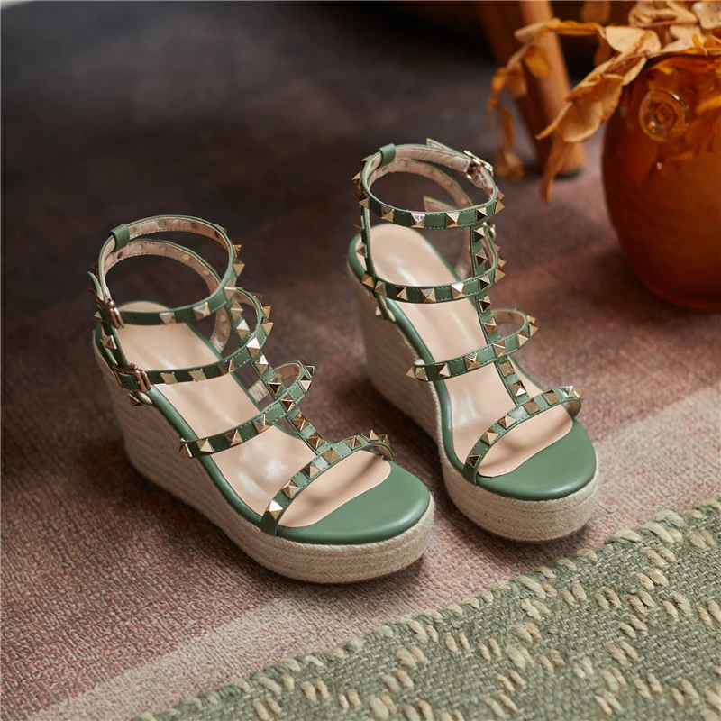 Insicre Platform High Heels Sandals Women Designer Open Toe Studded Solid Color Wedges Sexy Runway Party Summer Shoes