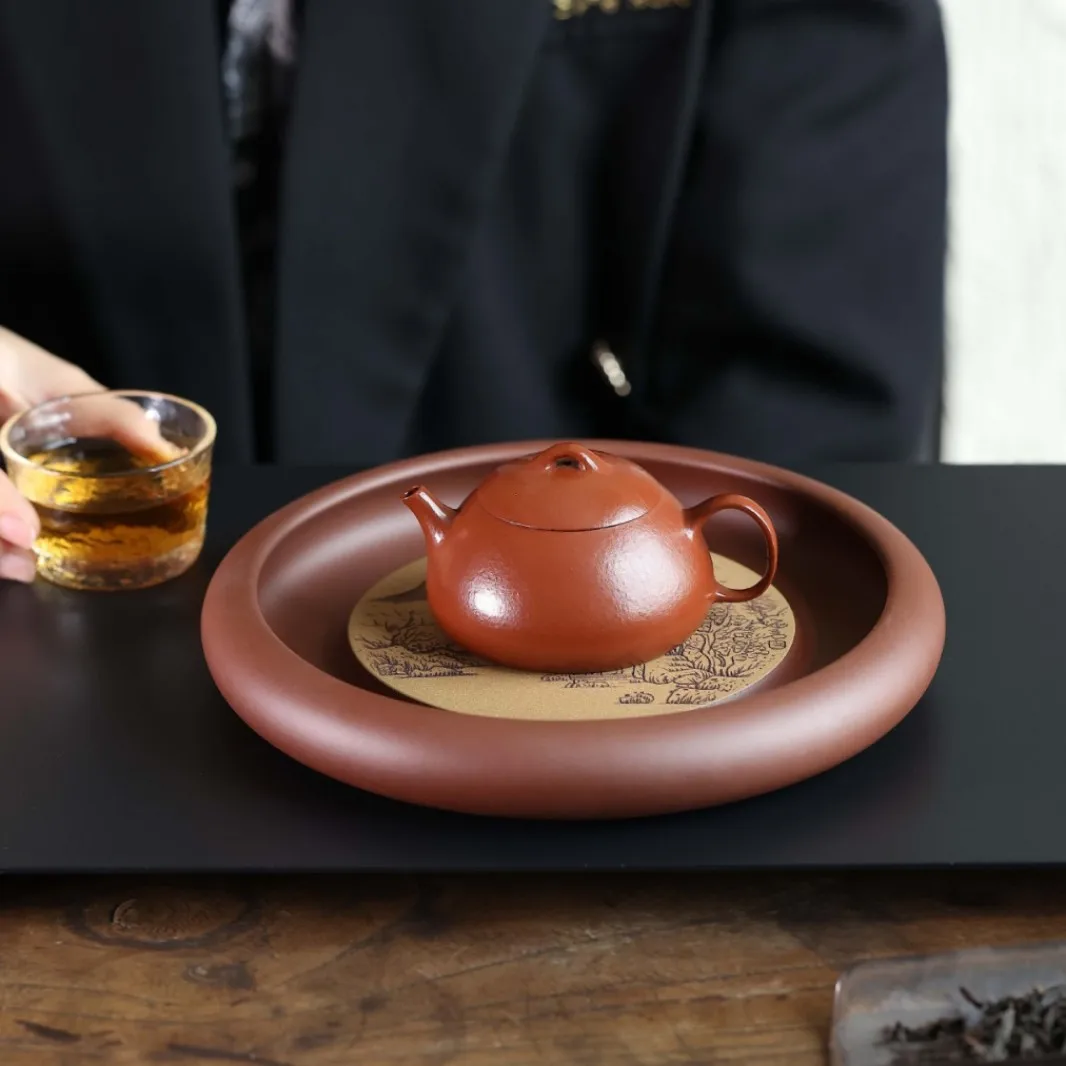 Yixing Purple Clay Landscape Round Small Tea Tray, Single-Layer Water Storage Stand, Hand-Carved Teapot Holder