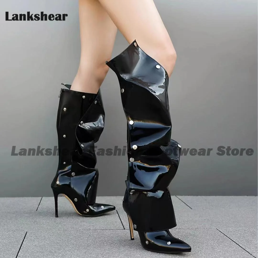 

Black Leather Knee-High Boots Ladies Booties Thin High Heel Fashion Women Shoes Botas 2024 Sexy Shoes Zapatos Para Mujere