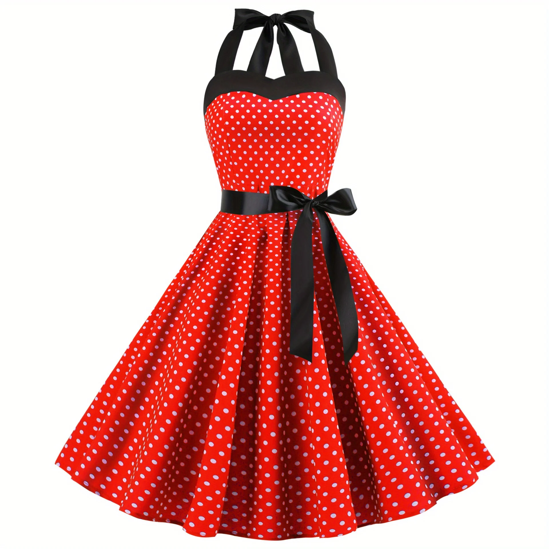 فستان Polka Dot Vintage Strappy: تنورة ضيقة بدون حمالات - تنورة واسعة برقبة رسن