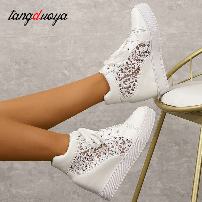 Women Wedge Platform Sneakers Lace Leather High heels Lace Up Shoes Pointed Toe Height Increasing Shoes White Casual shoes