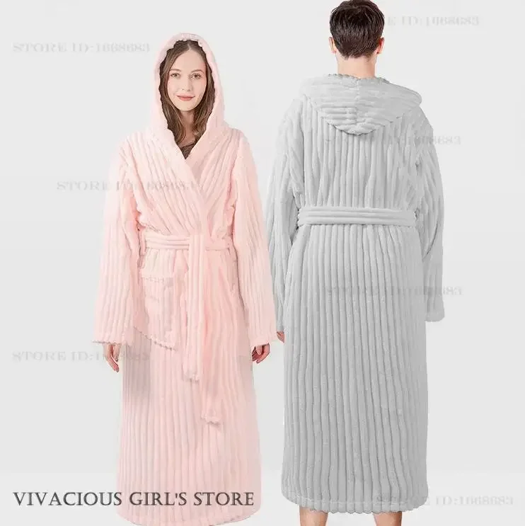 

Autumn Winter Couple Sleepwear Long Robe Hooded Flannel Kimono Bathrobe Gown Nightwear Loose Casual New Loungewear Home Clothes