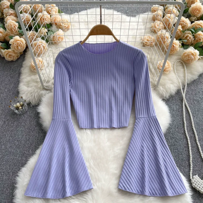 

Knit Blouse O-neck Shirts Women New Korean Flare Sleeve Slim Shirt Crop Tops Female Casual Ladies Blouses Blusas Dropshipping