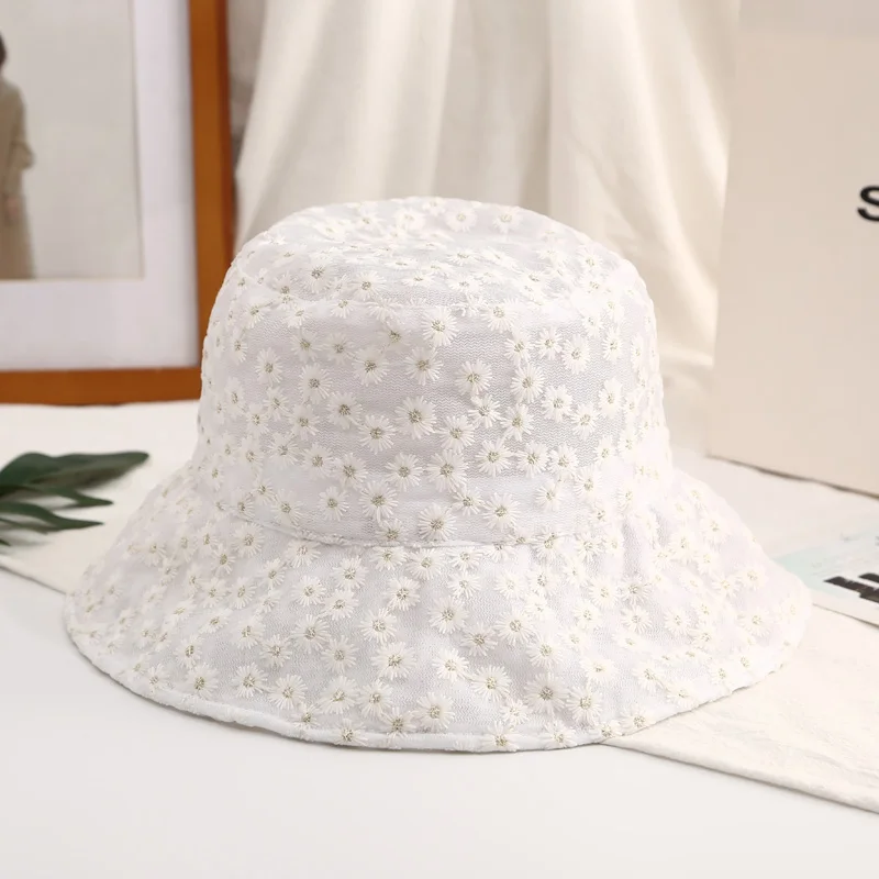 Women Panama Lace Transparent Embroidered Bucket Hat Girl Flower Sun Hat Korean Fisherman Cap Japanese Beach Solid Basin Caps