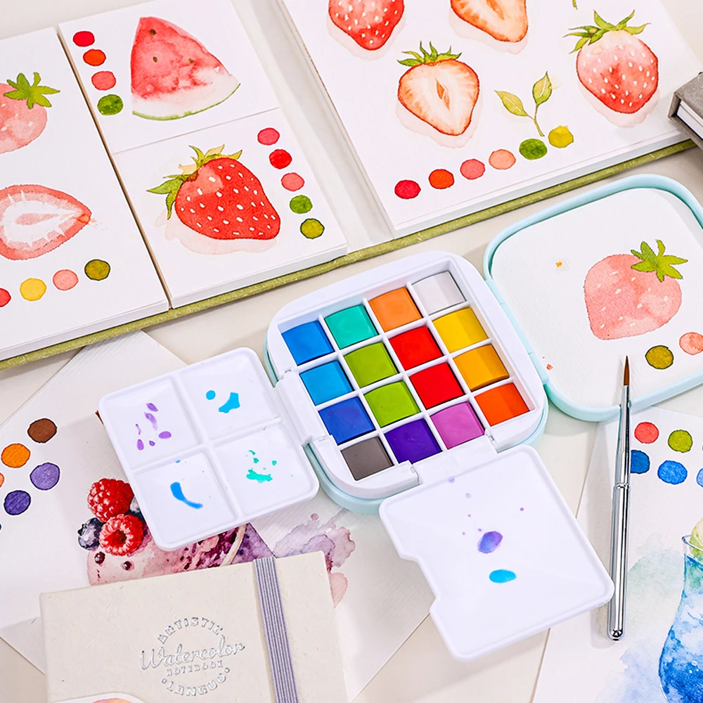 مجموعة ألوان مائية صلبة صغيرة محمولة مكونة من 16 لونًا مع فرشاة ولوحة صندوق رسم للسفر لرسم الرسم الفني