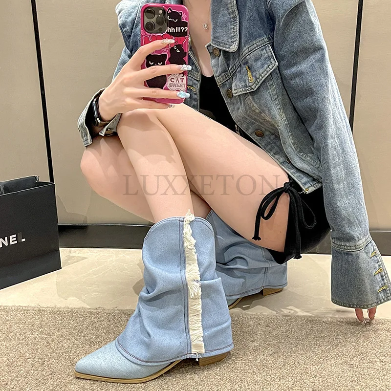 Pointed Toe Denim Fashion Knee High Med Calf Boots for Women Retro Cowboy Cowgirls Western Boots Autumn Hot Sale Shoes