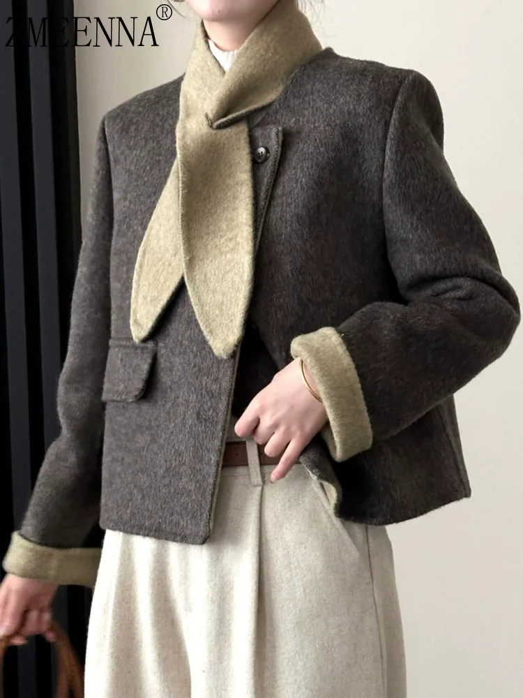 

ZMEENNA Womens Brown Wool Blend Short Jacket Removable Contrast Scarf Collar Single Button Outerwear Casual ZM4538