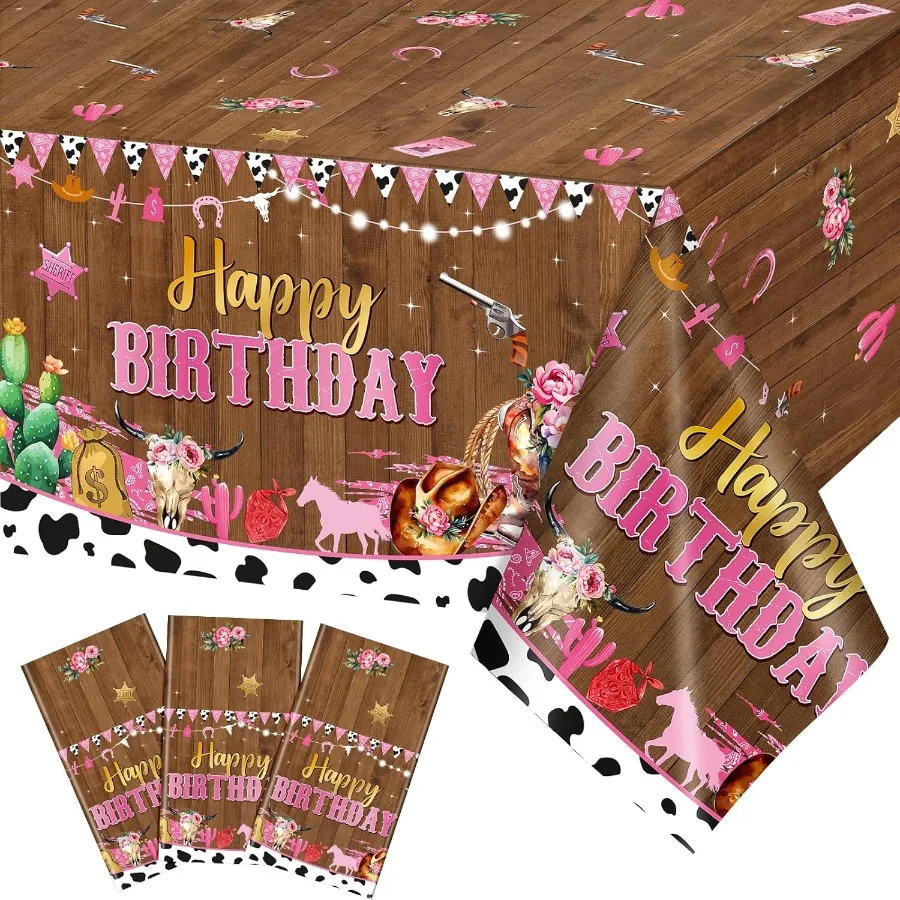 3개 세트 카우걸 생일 테이블보 서부 플라스틱 테이블 커버 일회용 직사각형 핑크 카우 테이블보 와일드 웨스트 서부용