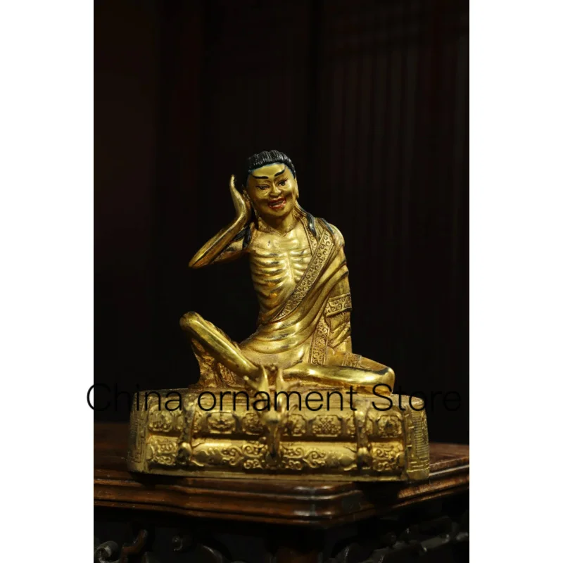 

15cm Tibetan pure copper gilded gold painted Milarepa listening Buddha ornament