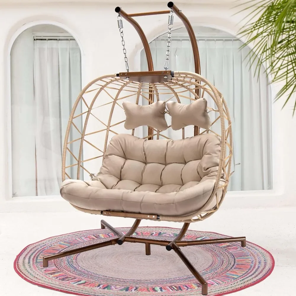 Swing Egg Chair with Stand Indoor Outdoor Wicker Rattan Patio Basket Hanging Chair with UV Resistant Cushions 350lbs Capacity